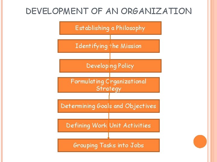 DEVELOPMENT OF AN ORGANIZATION Establishing a Philosophy Identifying the Mission Developing Policy Formulating Organizational