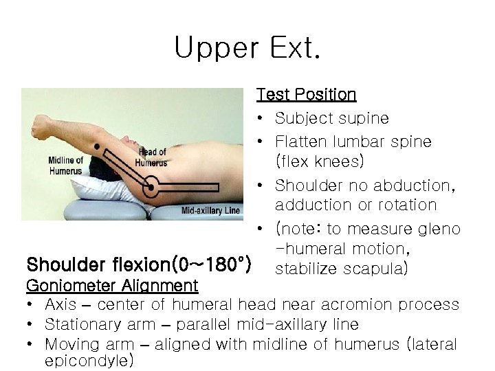 Upper Ext. Test Position • Subject supine • Flatten lumbar spine (flex knees) •