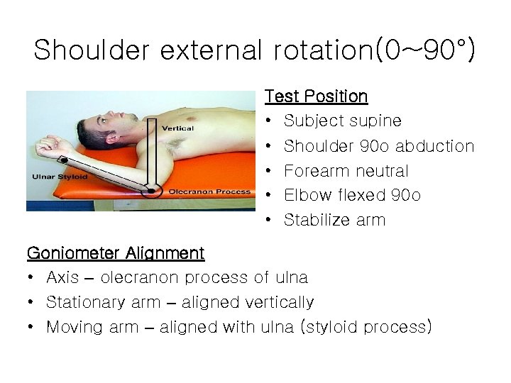 Shoulder external rotation(0~90°) Test Position • Subject supine • Shoulder 90 o abduction •