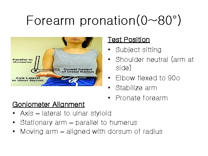 Forearm pronation(0~80°) Test Position • Subject sitting • Shoulder neutral (arm at side) •