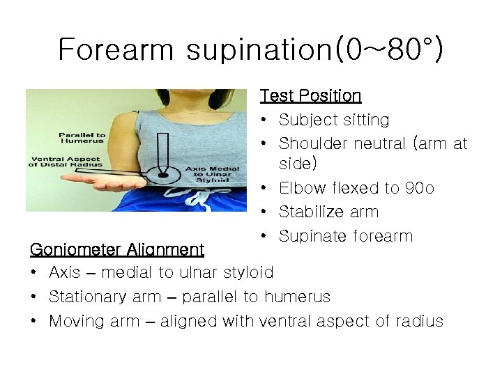 Forearm supination(0~80°) Test Position • Subject sitting • Shoulder neutral (arm at side) •