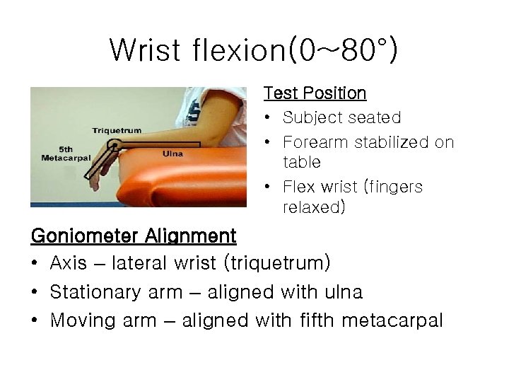 Wrist flexion(0~80°) Test Position • Subject seated • Forearm stabilized on table • Flex