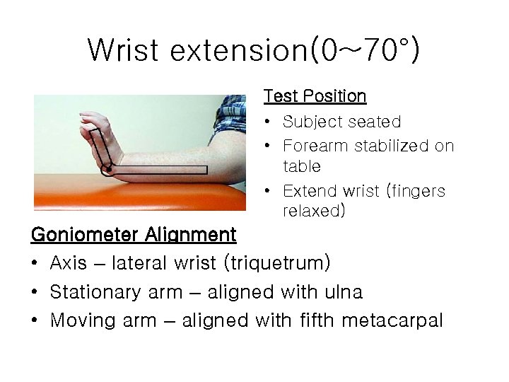 Wrist extension(0~70°) Test Position • Subject seated • Forearm stabilized on table • Extend
