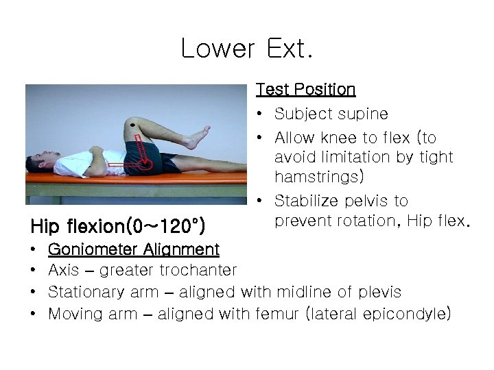 Lower Ext. Hip flexion(0~120°) • • Test Position • Subject supine • Allow knee