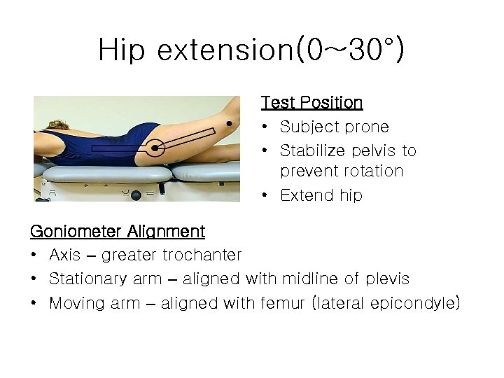 Hip extension(0~30°) Test Position • Subject prone • Stabilize pelvis to prevent rotation •
