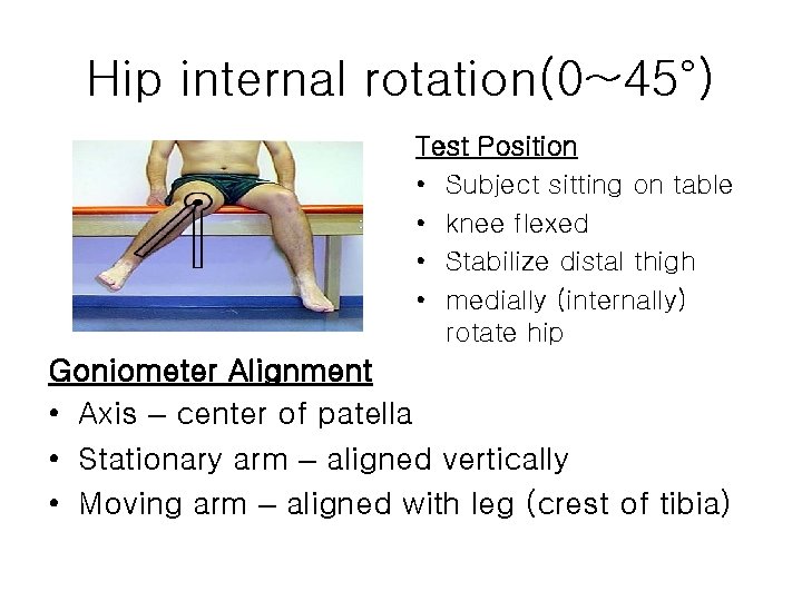 Hip internal rotation(0~45°) Test Position • Subject sitting on table • knee flexed •