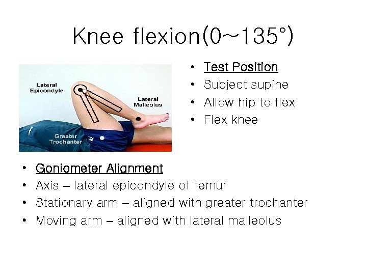 Knee flexion(0~135°) • • Test Position Subject supine Allow hip to flex Flex knee