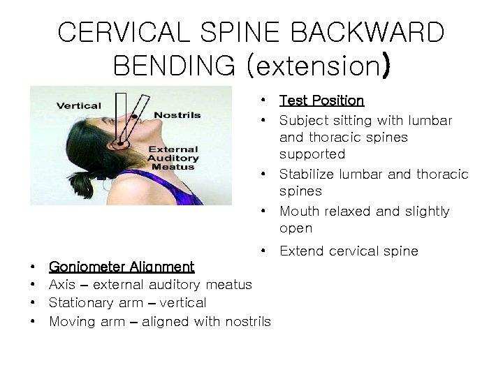 CERVICAL SPINE BACKWARD BENDING (extension) • Test Position • Subject sitting with lumbar and