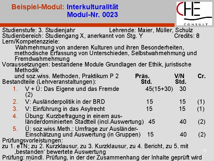 Beispiel-Modul: Interkulturalität Modul-Nr. 0023 Studienstufe: 3. Studienjahr Lehrende: Maier, Müller, Schulz Studienbereich: Studiengang X,