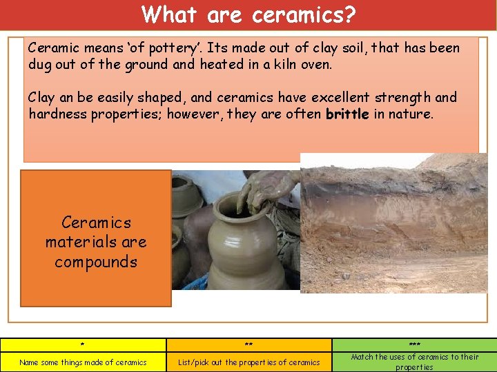 What are ceramics? Ceramic means ‘of pottery’. Its made out of clay soil, that