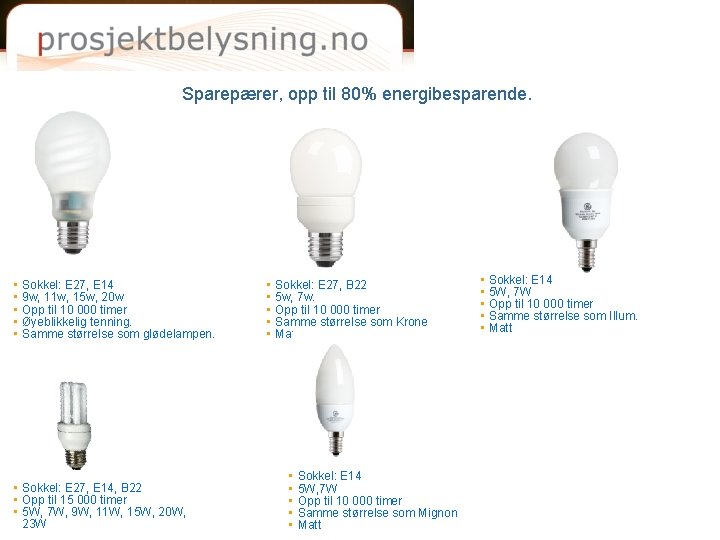 Sparepærer, opp til 80% energibesparende. • • • Sokkel: E 27, E 14 9