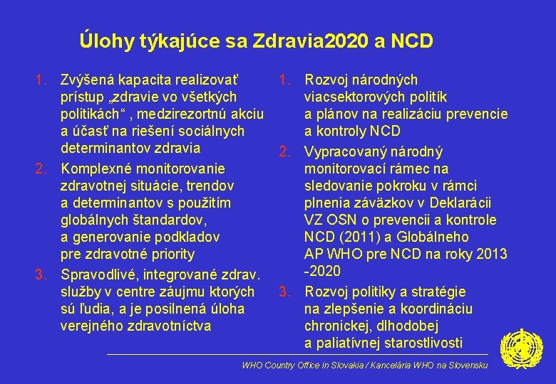 Úlohy týkajúce sa Zdravia 2020 a NCD 1. Zvýšená kapacita realizovať 1. Rozvoj národných