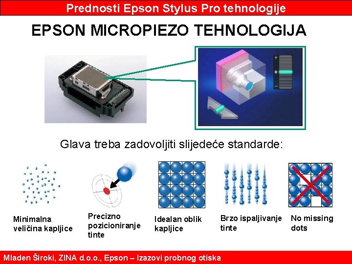 Prednosti Epson Stylus Pro tehnologije EPSON MICROPIEZO TEHNOLOGIJA Glava treba zadovoljiti slijedeće standarde: Minimalna