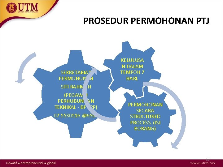 PROSEDUR PERMOHONAN PTJ SEKRETARIAT PERMOHONAN SITI RAHMAH (PEGAWAI PERHUBUNGAN TEKNIKAL - BPUPP) 07 5530516