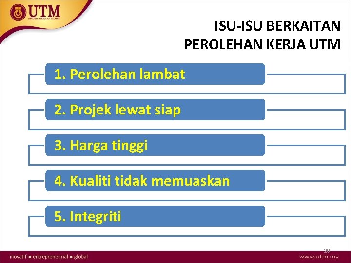 ISU-ISU BERKAITAN PEROLEHAN KERJA UTM 1. Perolehan lambat 2. Projek lewat siap 3. Harga