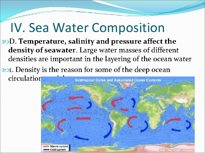 IV. Sea Water Composition D. Temperature, salinity and pressure affect the density of seawater.