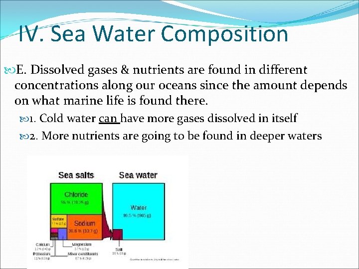 IV. Sea Water Composition E. Dissolved gases & nutrients are found in different concentrations