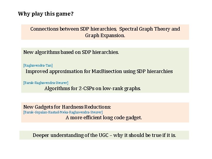 Why play this game? Connections between SDP hierarchies, Spectral Graph Theory and Graph Expansion.