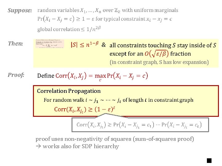 Suppose: Then: (in constraint graph, S has low expansion) Proof: Correlation Propagation proof uses