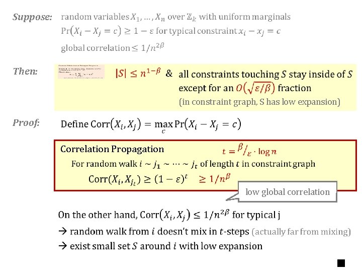 Suppose: Then: (in constraint graph, S has low expansion) Proof: Correlation Propagation low global