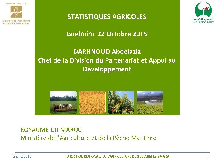 STATISTIQUES AGRICOLES Guelmim 22 Octobre 2015 DARHNOUD Abdelaziz Chef de la Division du Partenariat