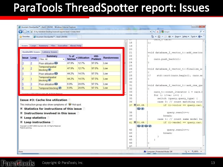 Para. Tools Thread. Spotter report: Issues Copyright © Para. Tools, Inc. 13 