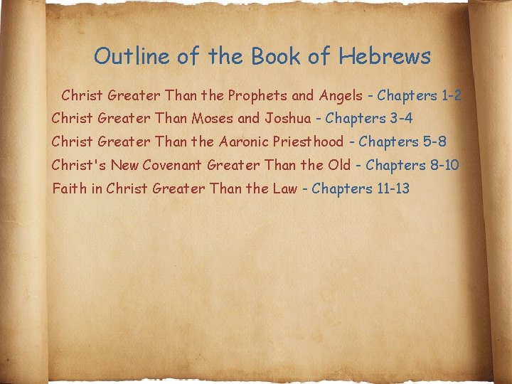 Outline of the Book of Hebrews Christ Greater Than the Prophets and Angels - Outline of the Book of Hebrews Christ Greater Than the Prophets and Angels -