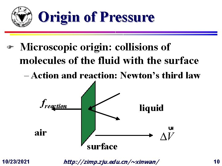 Origin of Pressure F Microscopic origin: collisions of molecules of the fluid with the