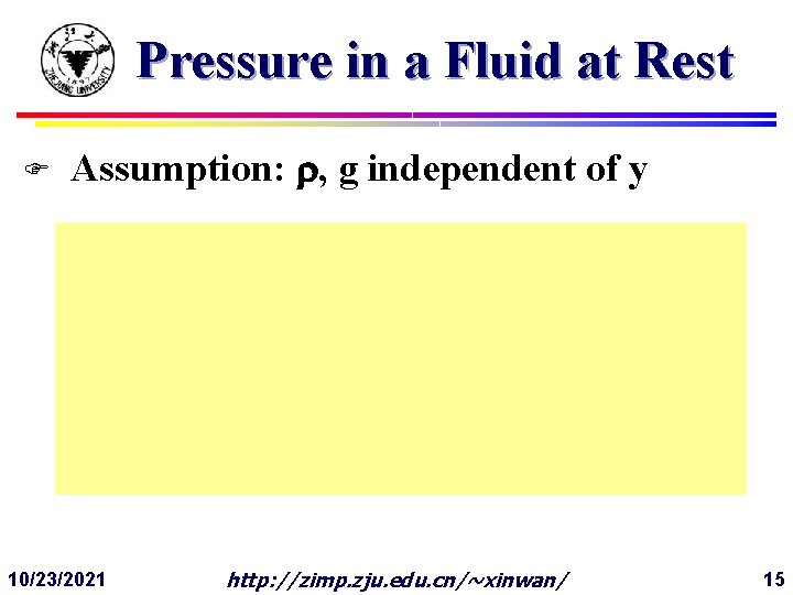 Pressure in a Fluid at Rest F Assumption: , g independent of y 10/23/2021