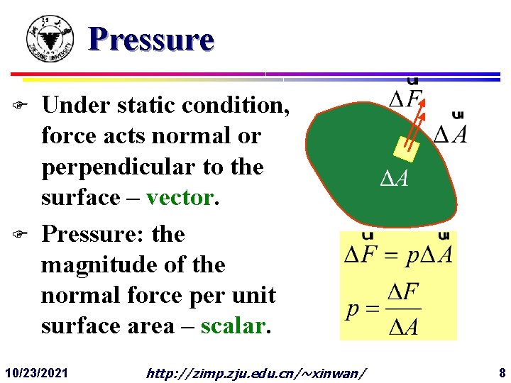 Pressure F F Under static condition, force acts normal or perpendicular to the surface