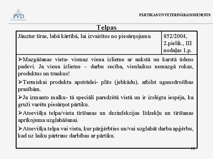 PĀRTIKAS UN VETERINĀRAIS DIENESTS Telpas Jāuztur tīras, labā kārtībā, lai izvairītos no piesārņojuma 852/2004,