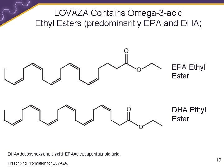 LOVAZA Contains Omega-3 -acid Ethyl Esters (predominantly EPA and DHA) EPA Ethyl Ester DHA=docosahexaenoic