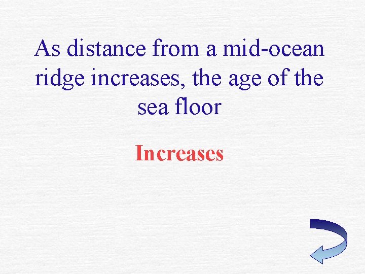 As distance from a mid-ocean ridge increases, the age of the sea floor Increases