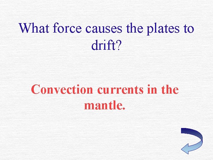 What force causes the plates to drift? Convection currents in the mantle. 