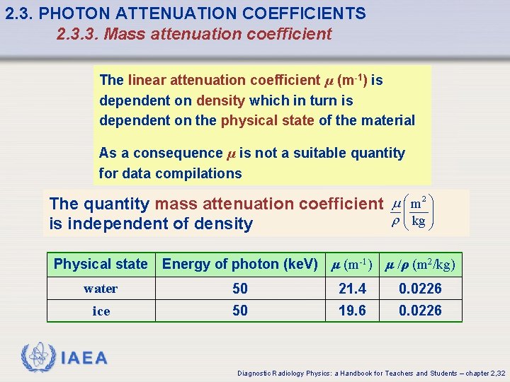 2. 3. PHOTON ATTENUATION COEFFICIENTS 2. 3. 3. Mass attenuation coefficient The linear attenuation 2. 3. PHOTON ATTENUATION COEFFICIENTS 2. 3. 3. Mass attenuation coefficient The linear attenuation