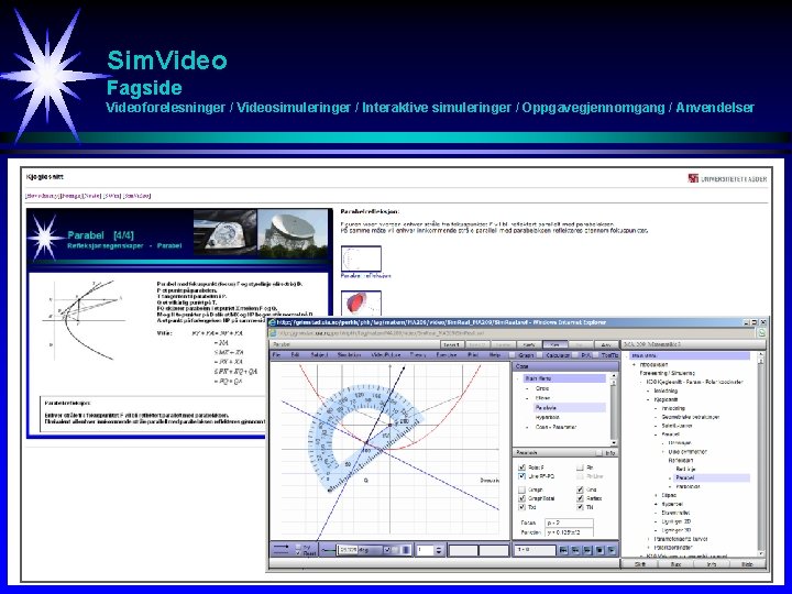 Sim. Video Fagside Videoforelesninger / Videosimuleringer / Interaktive simuleringer / Oppgavegjennomgang / Anvendelser 