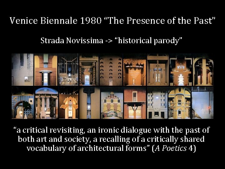 Venice Biennale 1980 “The Presence of the Past” Strada Novissima -> “historical parody” “a