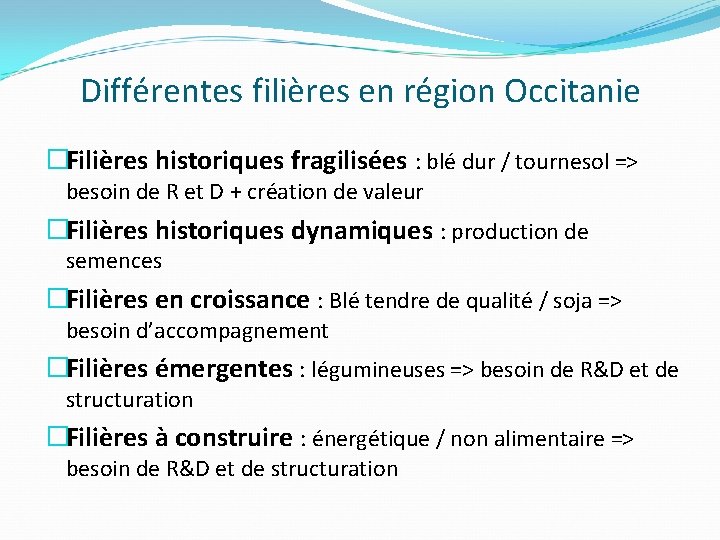 Différentes filières en région Occitanie �Filières historiques fragilisées : blé dur / tournesol =>