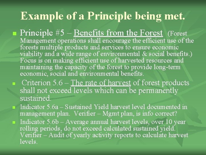 Example of a Principle being met. n n Principle #5 – Benefits from the