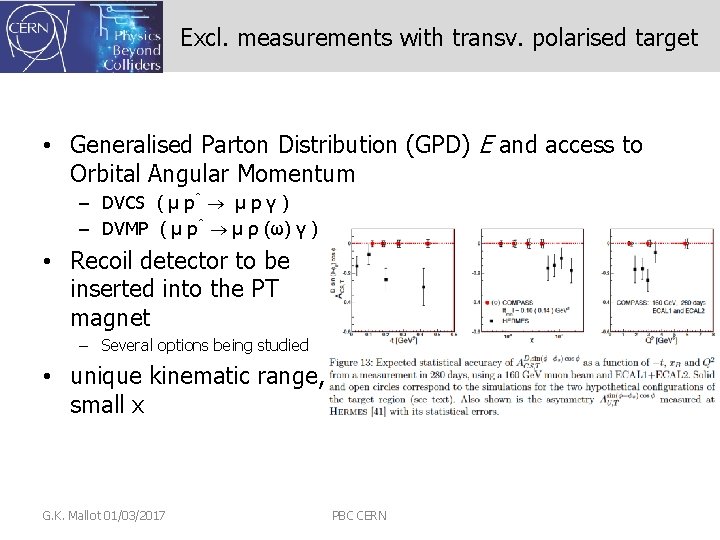 Excl. measurements with transv. polarised target • Generalised Parton Distribution (GPD) E and access