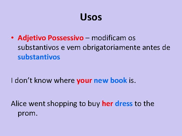 Usos • Adjetivo Possessivo – modificam os substantivos e vem obrigatoriamente antes de substantivos