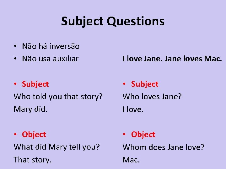Subject Questions • Não há inversão • Não usa auxiliar I love Jane loves