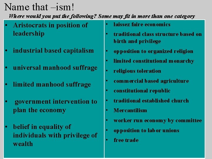 Name that –ism! Where would you put the following? Some may fit in more