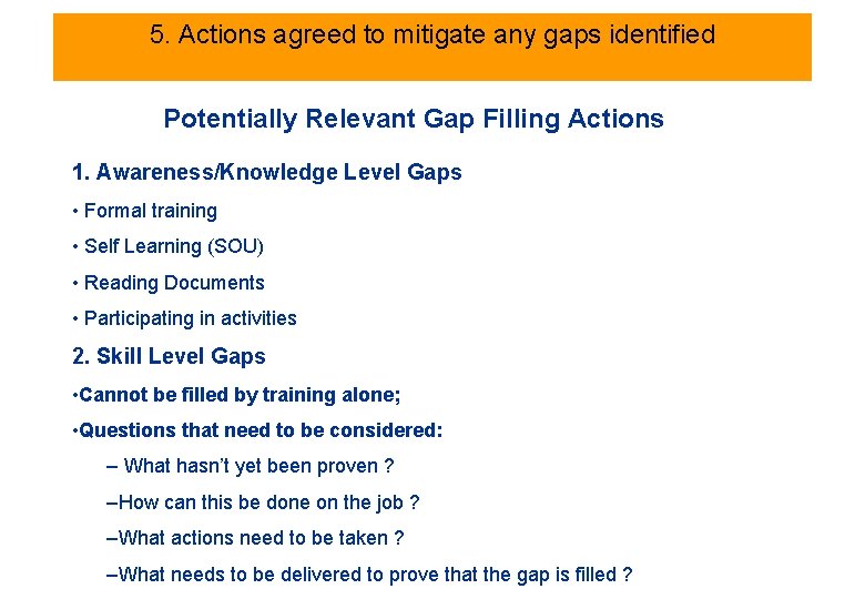 5. Actions agreed to mitigate any gaps identified Potentially Relevant Gap Filling Actions 1.