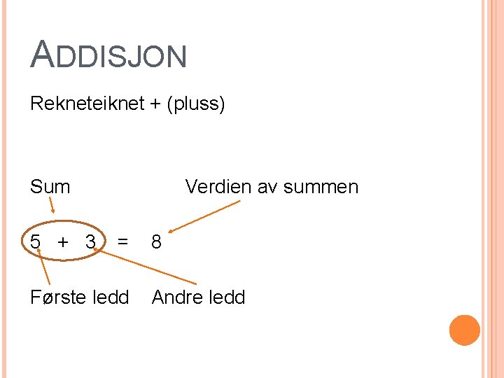 ADDISJON Rekneteiknet + (pluss) Sum 5 + 3 Verdien av summen = Første ledd