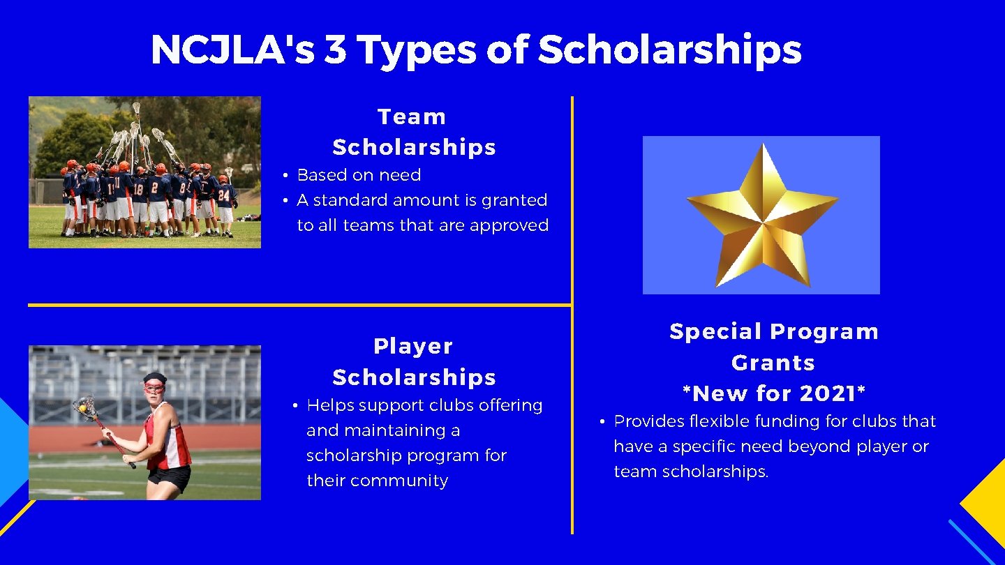 NCJLA's 3 Types of Scholarships Team Scholarships • Based on need • A standard