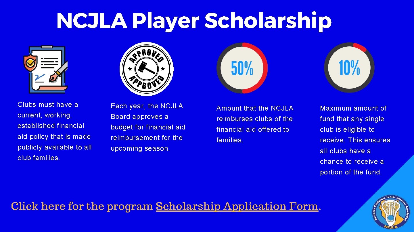 NCJLA Player Scholarship Clubs must have a Each year, the NCJLA current, working, Amount