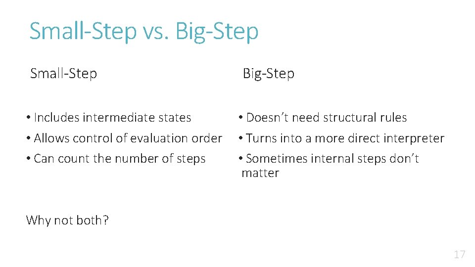 Small-Step vs. Big-Step Small-Step • Includes intermediate states • Allows control of evaluation order