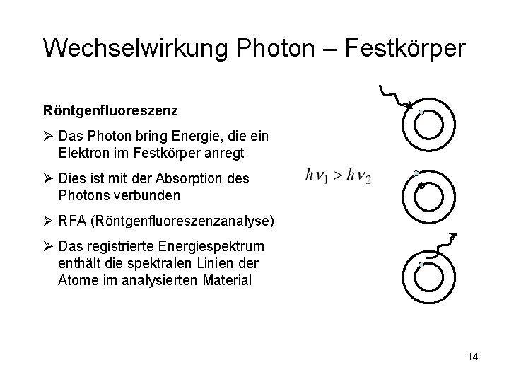 Wechselwirkung Photon – Festkörper Röntgenfluoreszenz Ø Das Photon bring Energie, die ein Elektron im