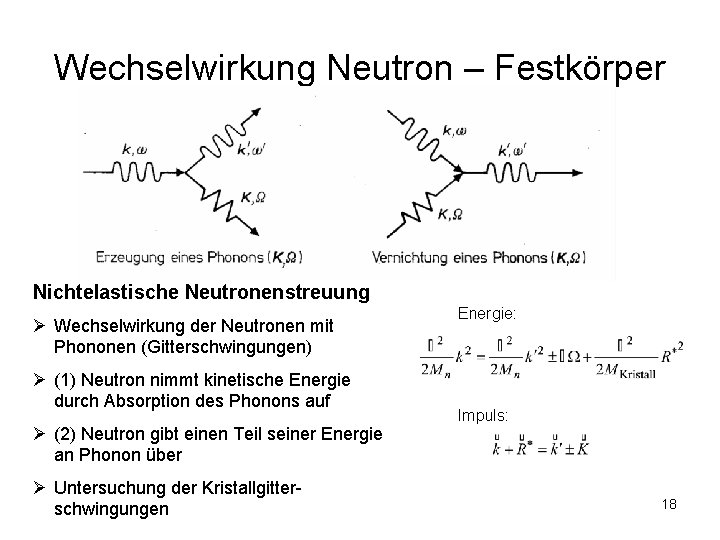 Wechselwirkung Neutron – Festkörper Nichtelastische Neutronenstreuung Ø Wechselwirkung der Neutronen mit Phononen (Gitterschwingungen) Ø